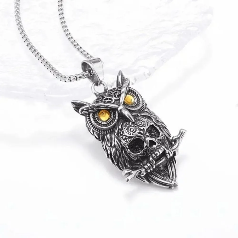 Stainless Steel Gothic Owl Skull Pendant Necklace